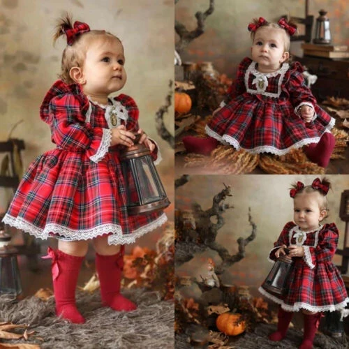 

Christmas Baby Princess Dress Red Plaid Lace Tutu Dress Toddler Kids Puff Sleeve Xmas Dress Cosplay Pageant Dress 1-6T