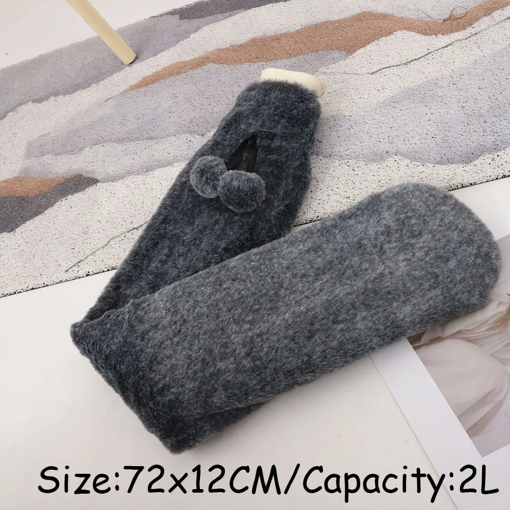 74*14cm Faux Rabbit Fur Rubber Extra Long Hot Water Bottles Bag with Fluffy Removable Bunny Cover for Waist Hand Foot Warming 2L