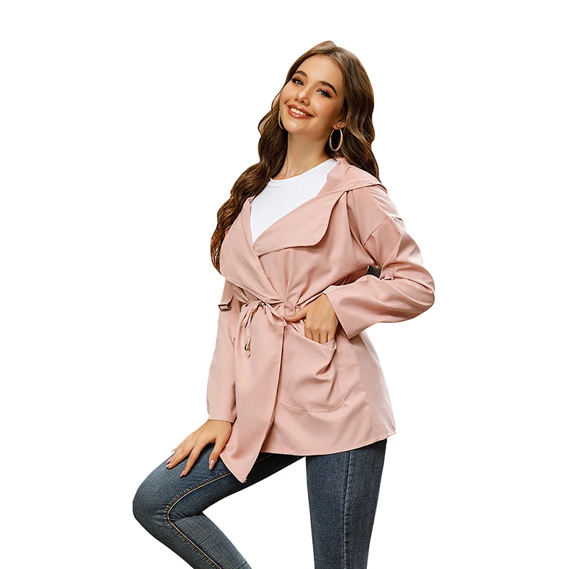 

Casual Hooded Jacket Women Windbreaker Long Sleeve Oversized Coats Women 21 Autumn Solid Elegant Pink Midi Jackets Female LD1881