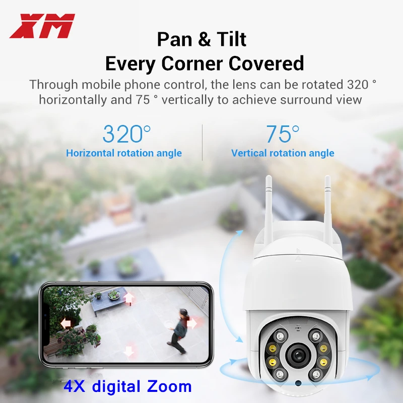 XM HD 1080P Bezprzewodowa kamera PTZ IP Zewnętrzna kamera Wifi CMOS Night Vision H265X PTZ IR Kamera bezpieczeństwa Detekcja ruchu Bezpieczeństwo w domu