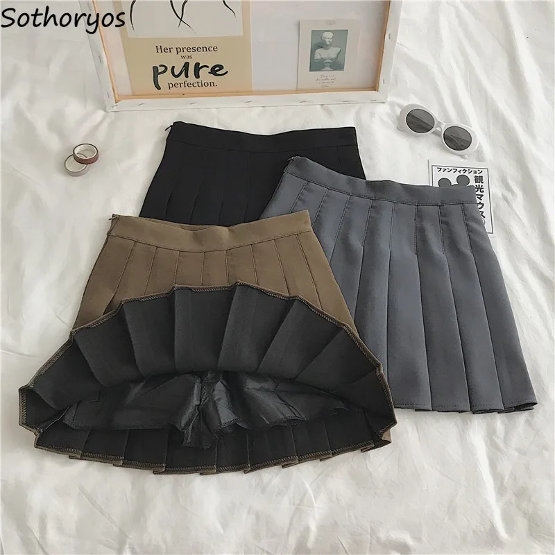 Mini Pleated Skirts Women High Waist Fashion All -match Preppy Style Students A-line Chic Solid Zipper Sexy Cute Girls Classic