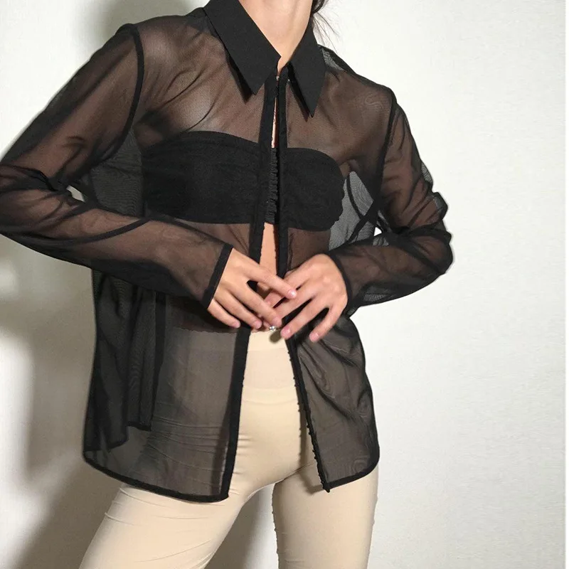 Ladies Sexy Solid Color Mesh Single-breasted Lapel See-through Long-sleeved Shirt Female 2022 Spring New T-shirt Women Shirts