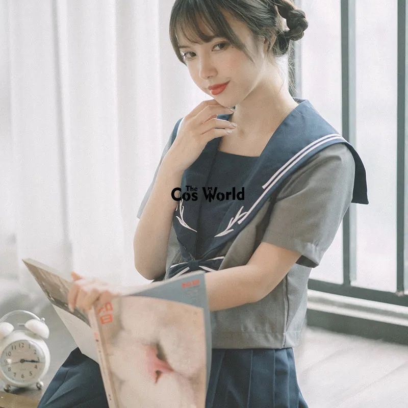 [Willow Leaf] Gray Navy Blue Summer Navy Sailor Suit Tops Skirts JK High School Uniform Class Uniform Students Cloth