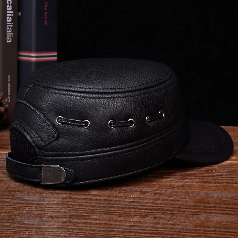 HL081 Brand New Winter Warm Real Cow Leather Caps Men\'s Genuine Leather Baseball Hat