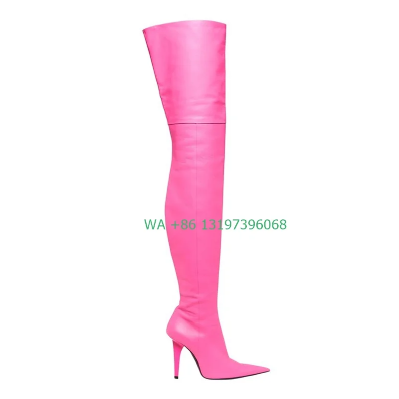 Ladies hot pink thigh boots pointed toe catwalk cover heel long leather boots everyday boots over the knee boots plus size 4321