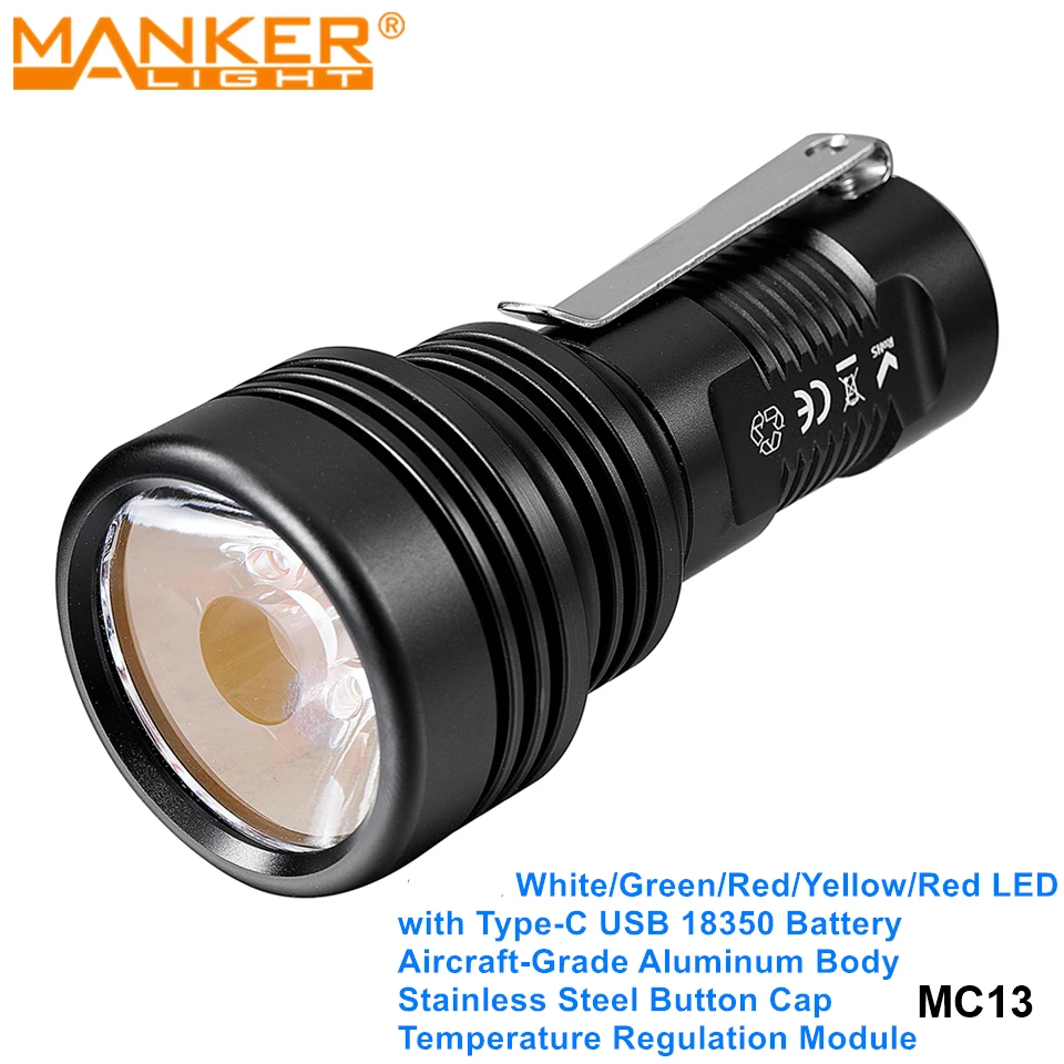 Manker MC13 Powerful Long Range Outdoor Portable Flashlight Blue Red LED Torch with Type-C USB Rechargeable 18350 Battery