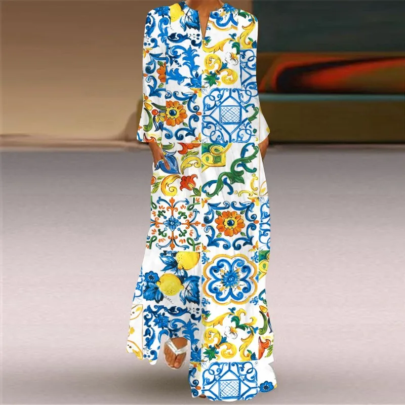 2023 Summer Spring Boho Beach Maxi Dress Women Retro Print Casual Loose V Neck Long Sleeve Pocket Large Size Long Dress Robe 5XL