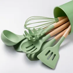 New Avocado Green Silicone Utensils Cooking Kitchenware Tool Set With Wooden Handle Non-Stick Spatula Ladle Egg Beaters Shovel