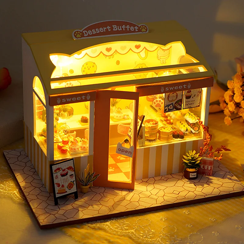 DIY Holz Puppenhaus Montiert Sushi Dessert-Shop Miniatur mit Möbel Puppe Haus Casa Spielzeug für Kinder Erwachsene Geschenke