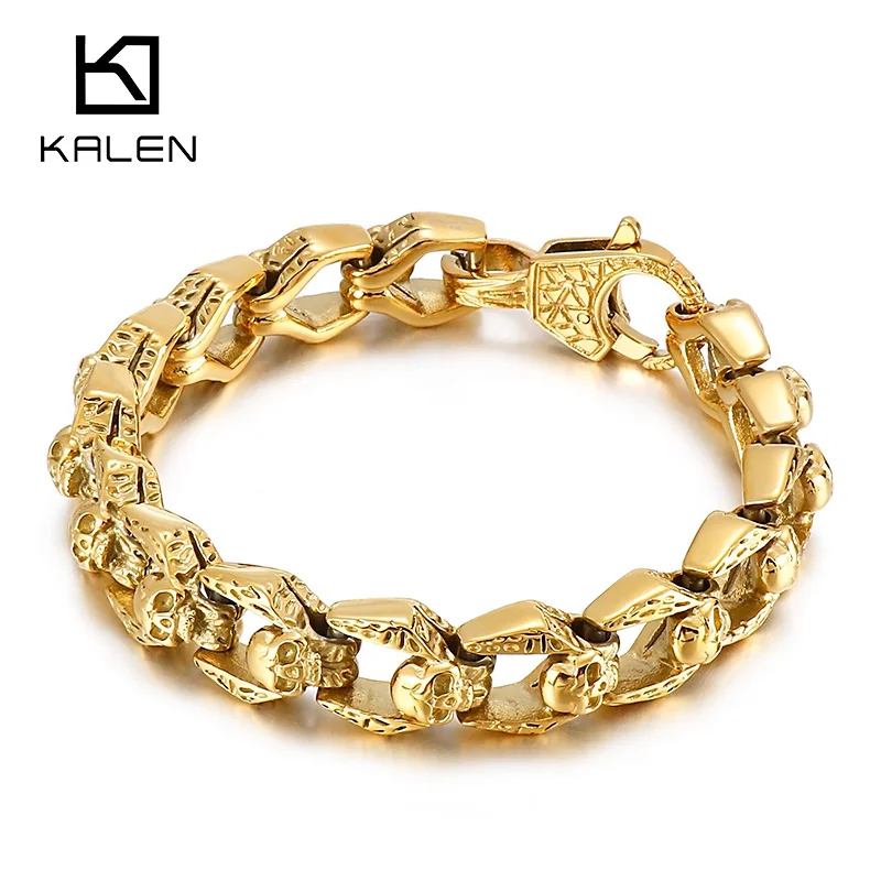 Kalen 13mm Vintage Skull Combination Bracelet for Men Gothic Chunky Stainless Steel Biker Jewelry Rock Accessories Gift 19-22cm