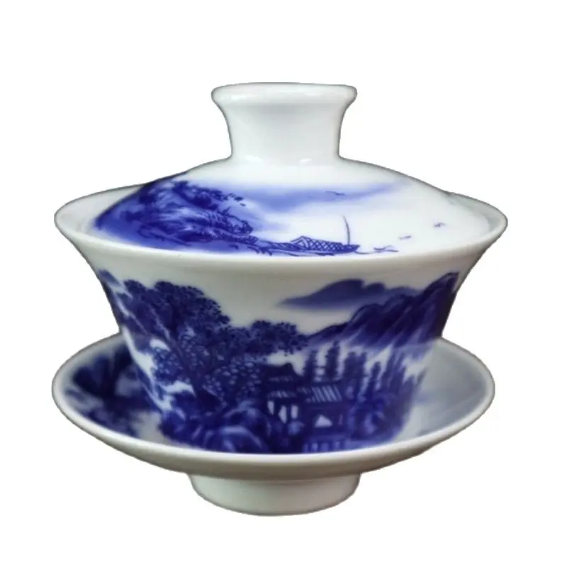 

Chinese Old Porcelain Blue White Covered Bowl With Landscape Pattern China Tea Bowl