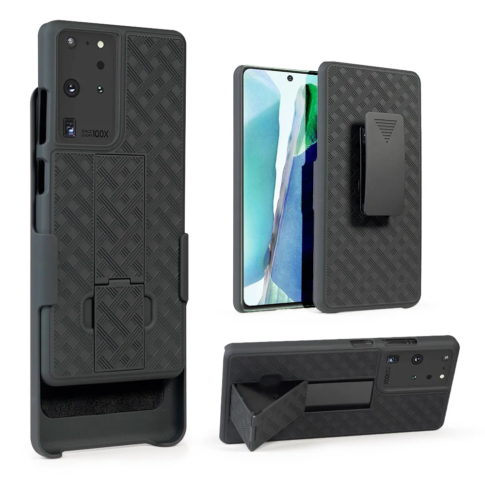 Woven 2 in 1 Hybrid Hard Shell Holster Combo Case With Kickstand & Belt Clip For Samsung Galaxy S21 Ultra