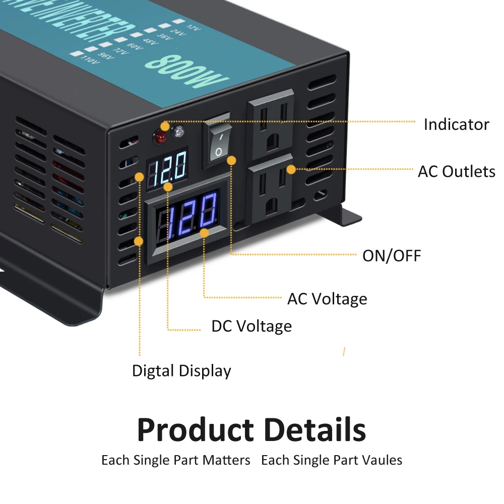 Pure Sine Wave Inverter 800W 24V DC to 220V AC Solar Generator Inverter Wind Power Bank Converter 12V/48V to 110V/120V/230V/240V