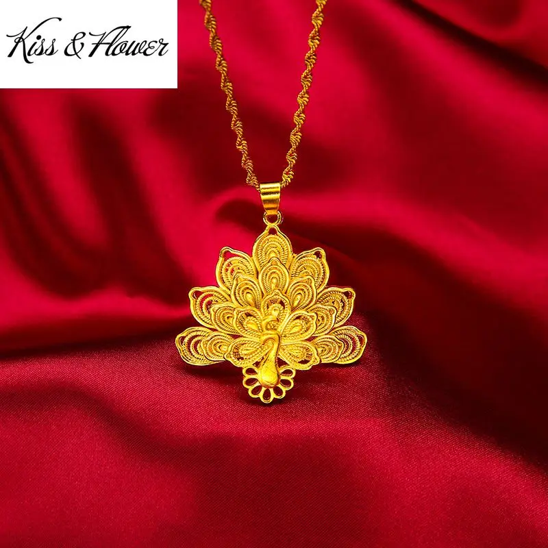 

KISS&FLOWER NK128 2022 Fine Jewelry Wholesale Fashion Woman Birthday Wedding Gift Exquisite Peacock 24KT Gold Pendant Necklaces