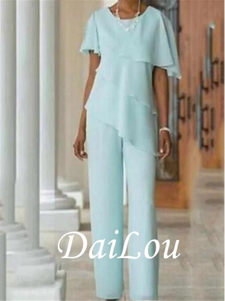 Pantsuit / Jumpsuit Mother of the Bride Dress Elegant Jewel Neck Floor Length Chiffon Short Sleeve with Cascading Ruffles 2022