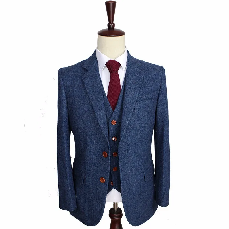 Trajes de Tweed de espiga azul de lana para hombre, traje de sastre, Blazer, 3 piezas (chaqueta + Pantalones + chaleco), disfraz para hombre