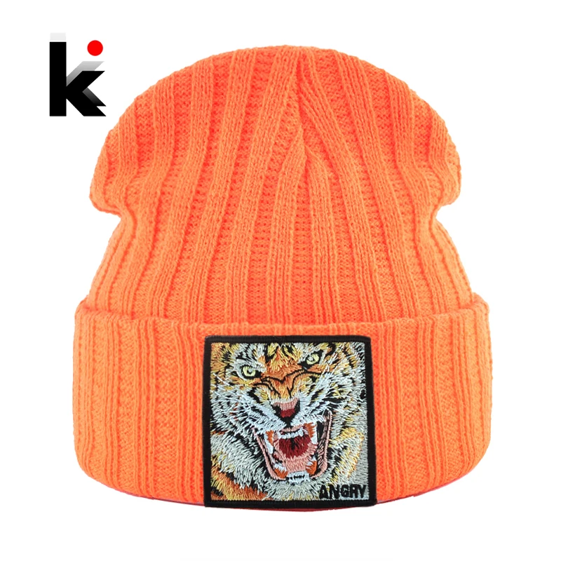 New Fashion Knitted Beanie Hat With Tiger Embroidery Patch Hip Hop Skullies Beanies Men Women Winter Knit Solid Color Ski Hat