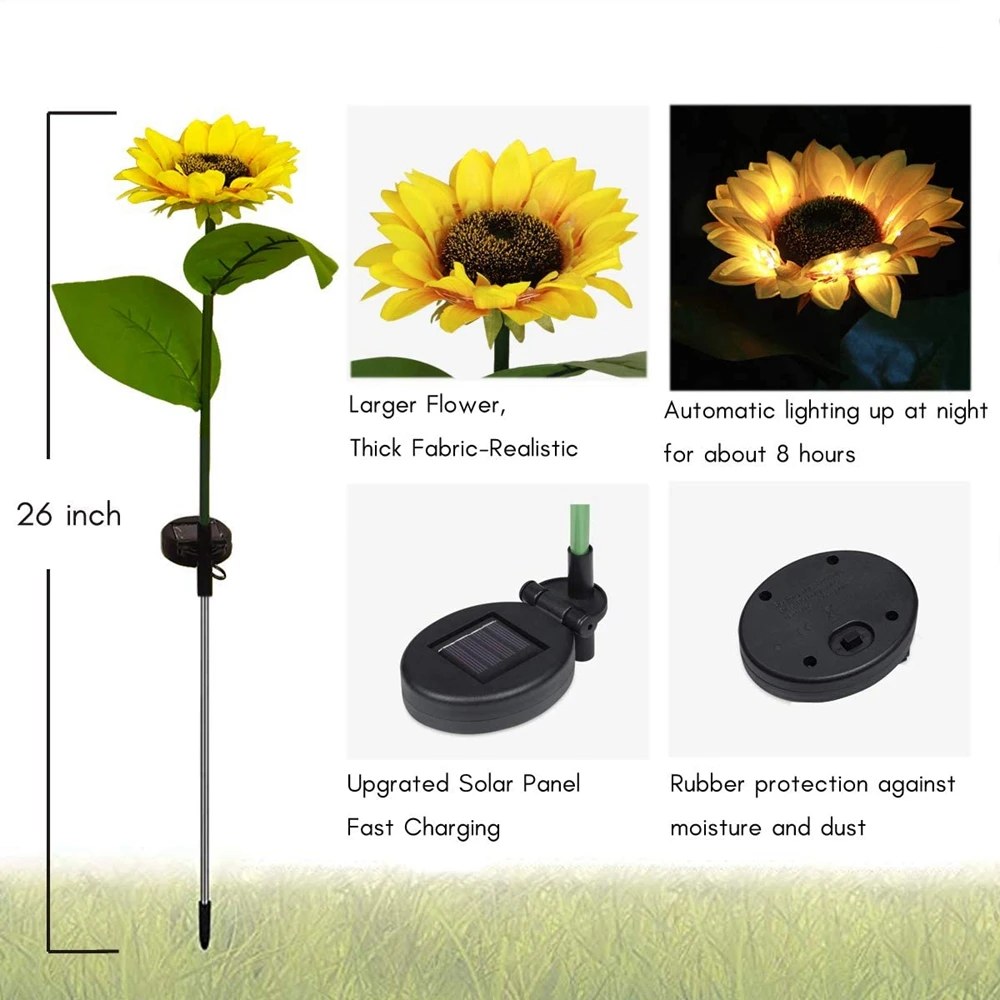 Pacote com 2 lâmpadas solares para ambientes externos, luz com ponta de girassol solar para decoração de jardim, pátio, gramado, quintal