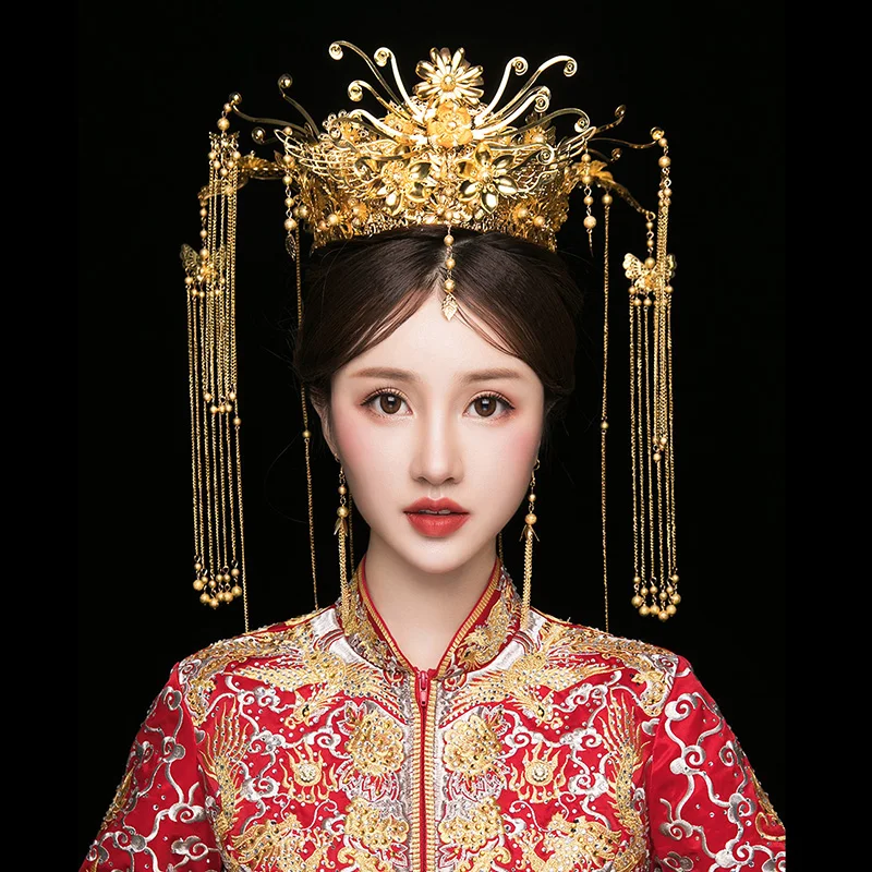 Chinese Bridal Headdress Tranditional Wedding Crown Hair Comb Hairpins Set Brides Costoume Xiuhe Hair Accessories