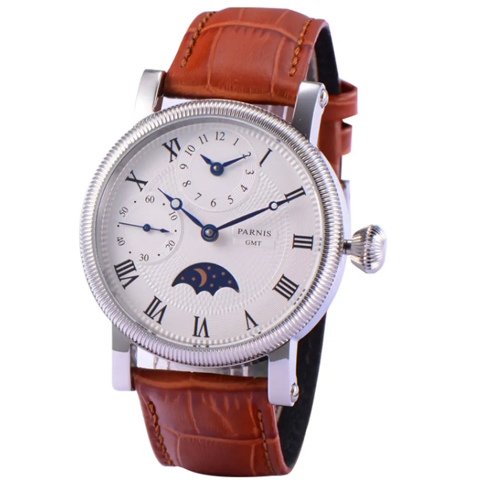 Parnis 42mm GMT hand-winding Men\'s wristwatch Moon Phase indictor white dial leather strap waterproof 60