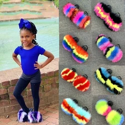 Summer New Toddler's Fur Slides Baby Sandals Girls Sandals Barefoot Shoes Kids Hot Sale Fluffy Fox Fur Children's Flat Shoes
