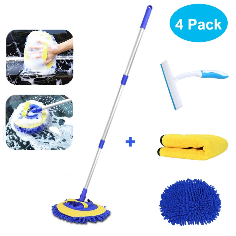 

4pcs Car Wash Mop Brush 45" Long With RotatableTelescopic Aluminum Alloy Handle Microfiber Washing Mitt Car Washing Accessories