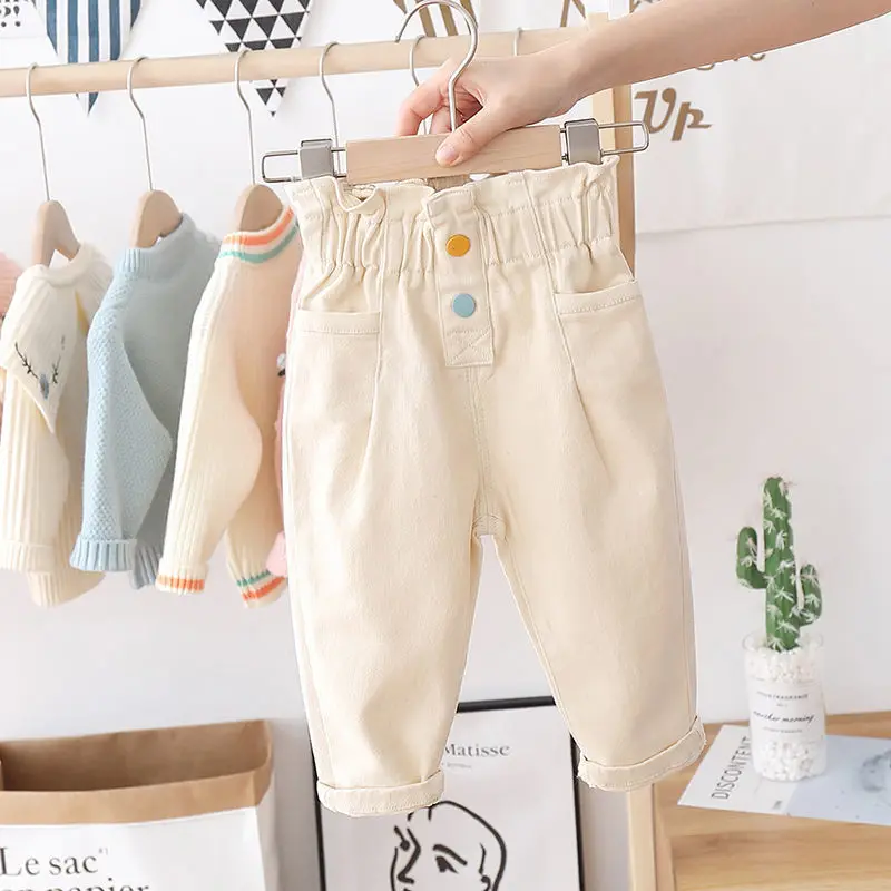 Fashion Baby Girl Jean Pants Cotton High Waist Infant Toddler Child White Pink Trousers Button Baby Loose Pant Clothes 1-7Y