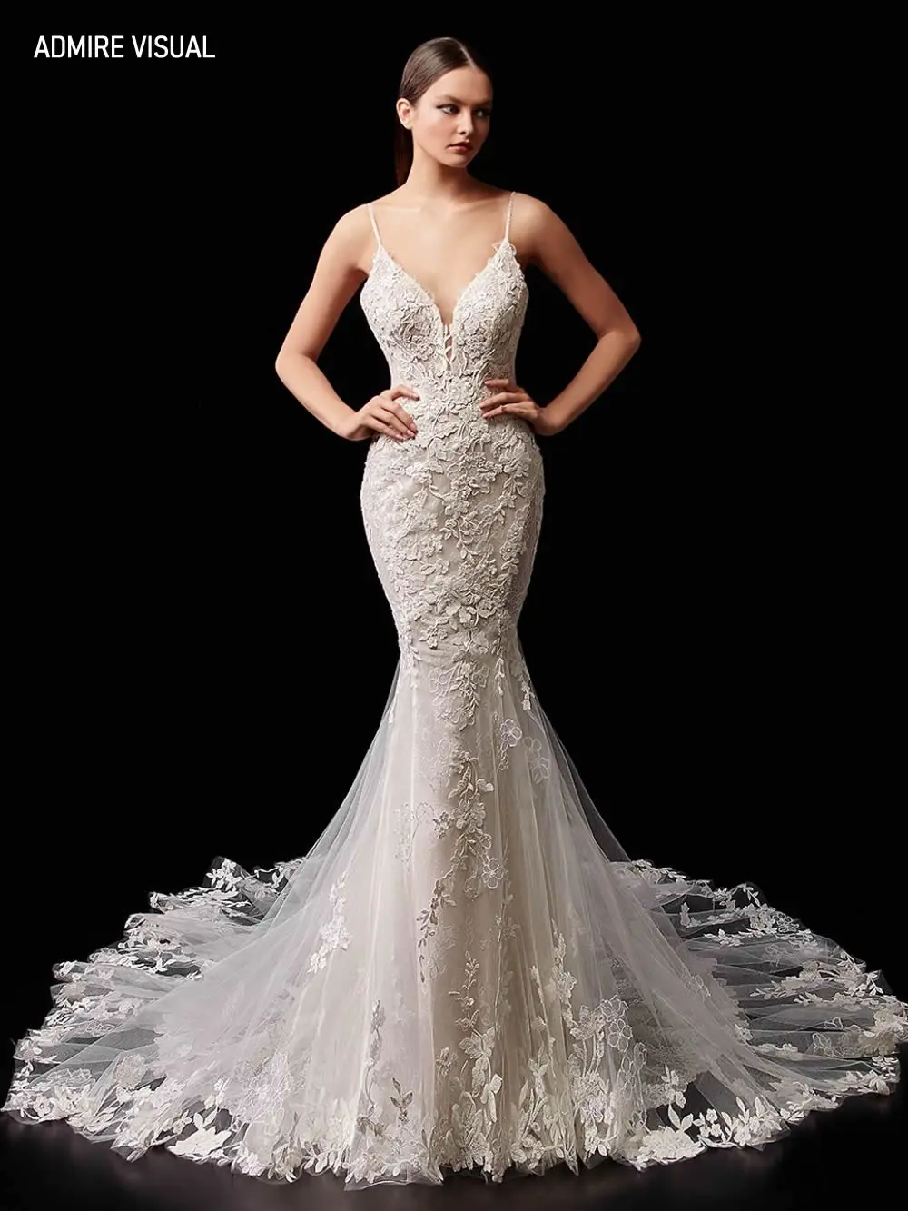 

Wedding Dress Mermaid Lace Elegant Deep V-Neck Neckline Sleeveless With Long Open-Back Plus Sizes Bride-Gown Vestidos De Novia