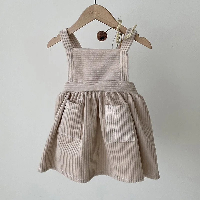 2024 Autumn New Baby Girl Retro Corduroy Dress Fashion Kids Sleeveless Strap Dress Square Collar Princess Dress Children Dresses