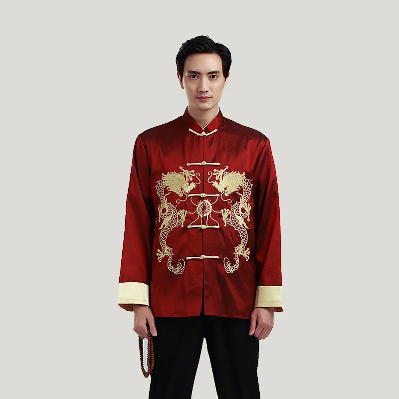 

Coat Autumn New Men's Long Sleeve Frock Traditional Chinese Tang Suit Embroider Dragon Coat Kung Fu spring Jacket new