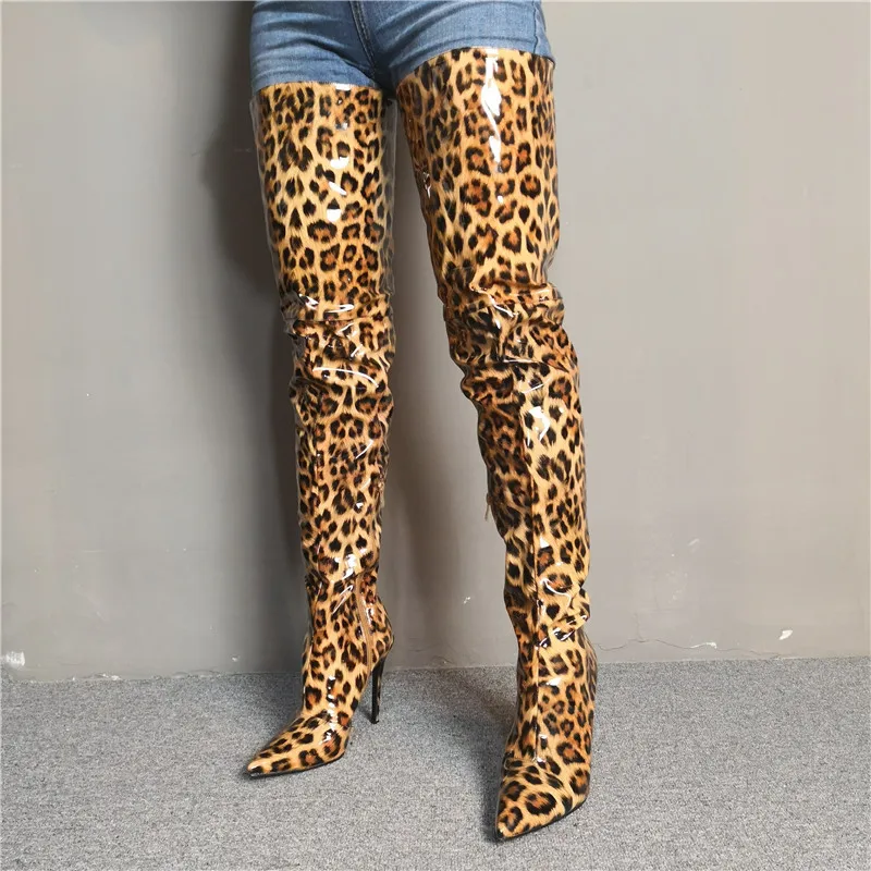 

2022 Women Over The Knee Sock Boots 10cm High Heels Long Winter Stretch Leopard Snow Boots Lady Thigh high Stripper Fetish Shoes