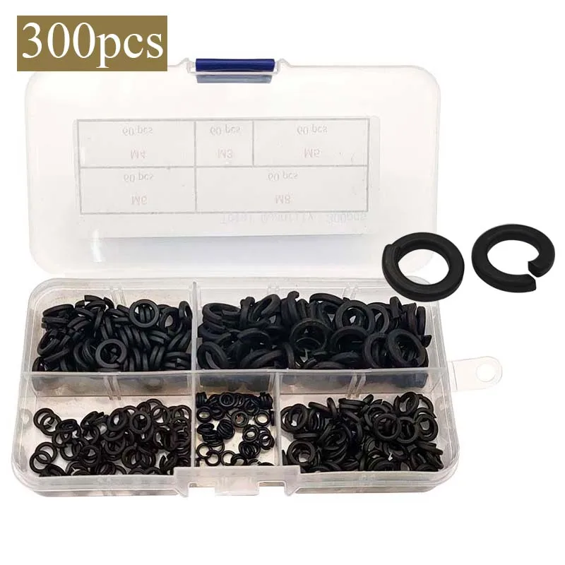 

300pcs/Set Lock Washers Set Black Caron Steel M3 M4 M5 M6 M8 Spring Washer Assortment Kit