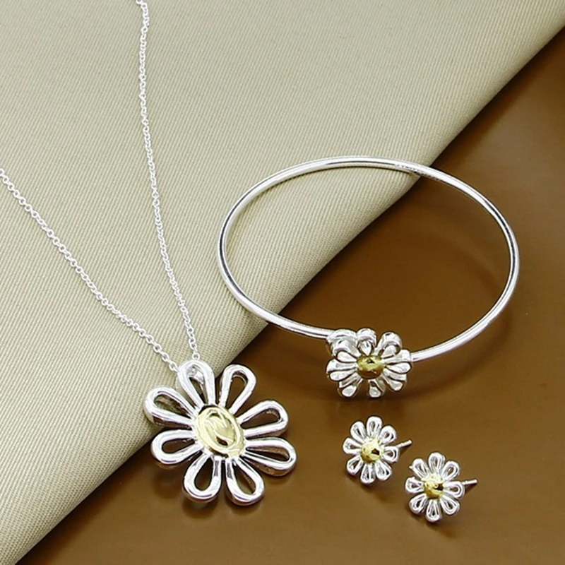 

New Arrival 925 Sterling Silver Beautiful Plant Flower Necklace Bangles Earrings Jewelry Sets for Women Lady