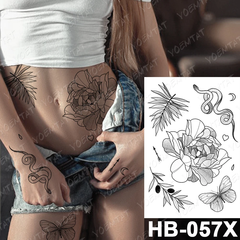 Waterproof Temporary Tattoo Sticker Dark Snake Peony Flower Koi Old School Flash Tatto Women Men Body Art Arm Thigh Fake Tattoos