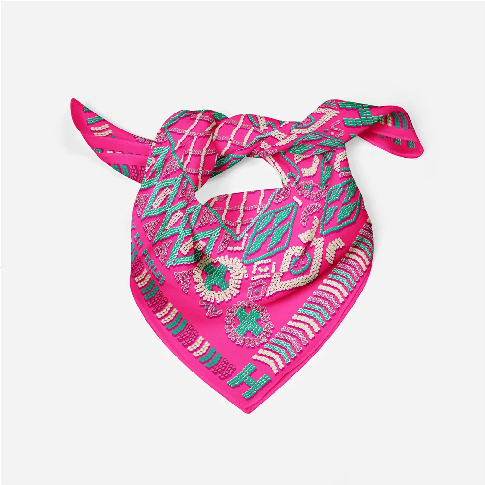 Twill Silk Scarf Woman Bag Geometric Print Square Scarves Wraps Bandana Small Hijab Foulards Lady Tie Headband Neckerchief 53CM