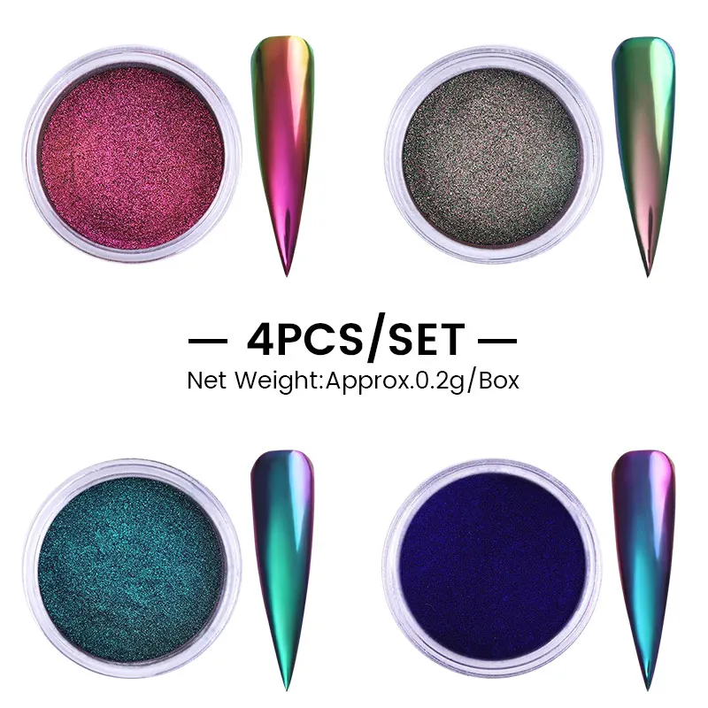 4pcs/Set Chameleon Effect Nail Glitter Powder Mirror Metallic Pigment Nail Art Dust Polish Chrome Shining Pigment DIY Decor