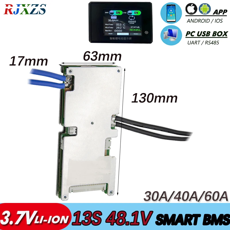 BMS 13S 60A/50A/40A/30A bms Li-ion smart bms pcm with android bluetooth-compatible app UARTbms wi software (APP) monitor