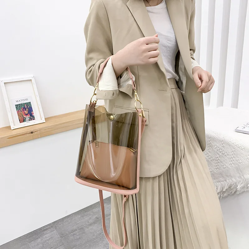 Sac à main transparent pour femmes, 2 pièces, gelée, bonbons, plage, épaule, mode d'été, sac seau XA67E