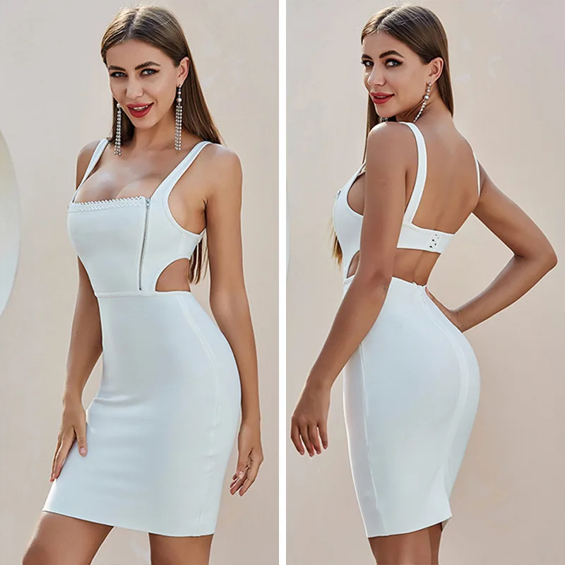 

Rocwickline New Summer and Autumn Women's Dress Sexy & Club Solid Square Collar Spaghetti Strap Hollow Out Sheath Elegant Dress