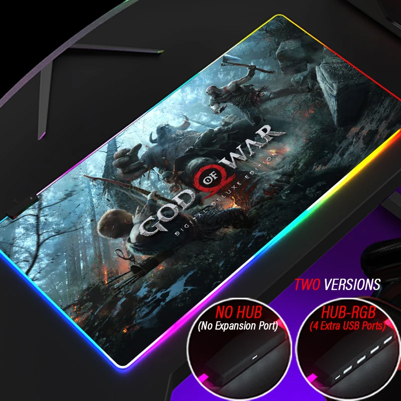 

Large HUB Mouse Pad Kratos 4 Port USB Gaming RGB Mousepad LED Gamer God Of War Carpet Customized DIY PC Desk Mat with Backlit