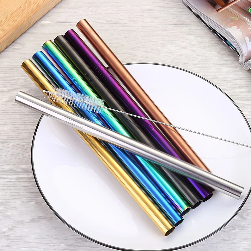 8Pcs/Set Straw Reusable Stainless Steel Drinking Straw Metal Straw For Smoothies Tapioca Pearls Milk Tea Juice Bar Outdoor Tools