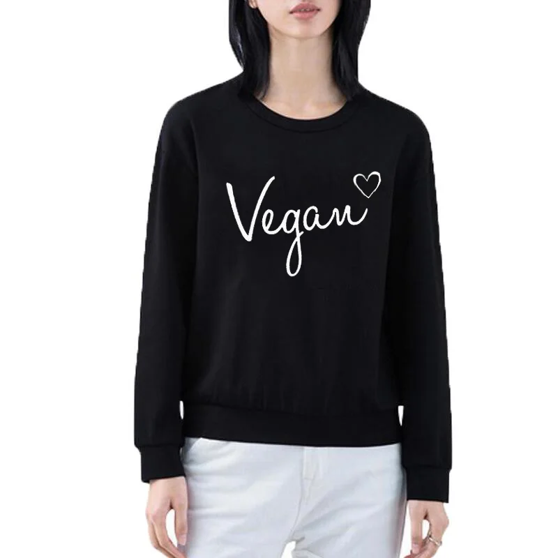 O-neck Vegan Heart Bella Women Sweatshirt Casaul Long Sleeve Crew Neck Hoodies Black White Pullover Streetwear Clothing