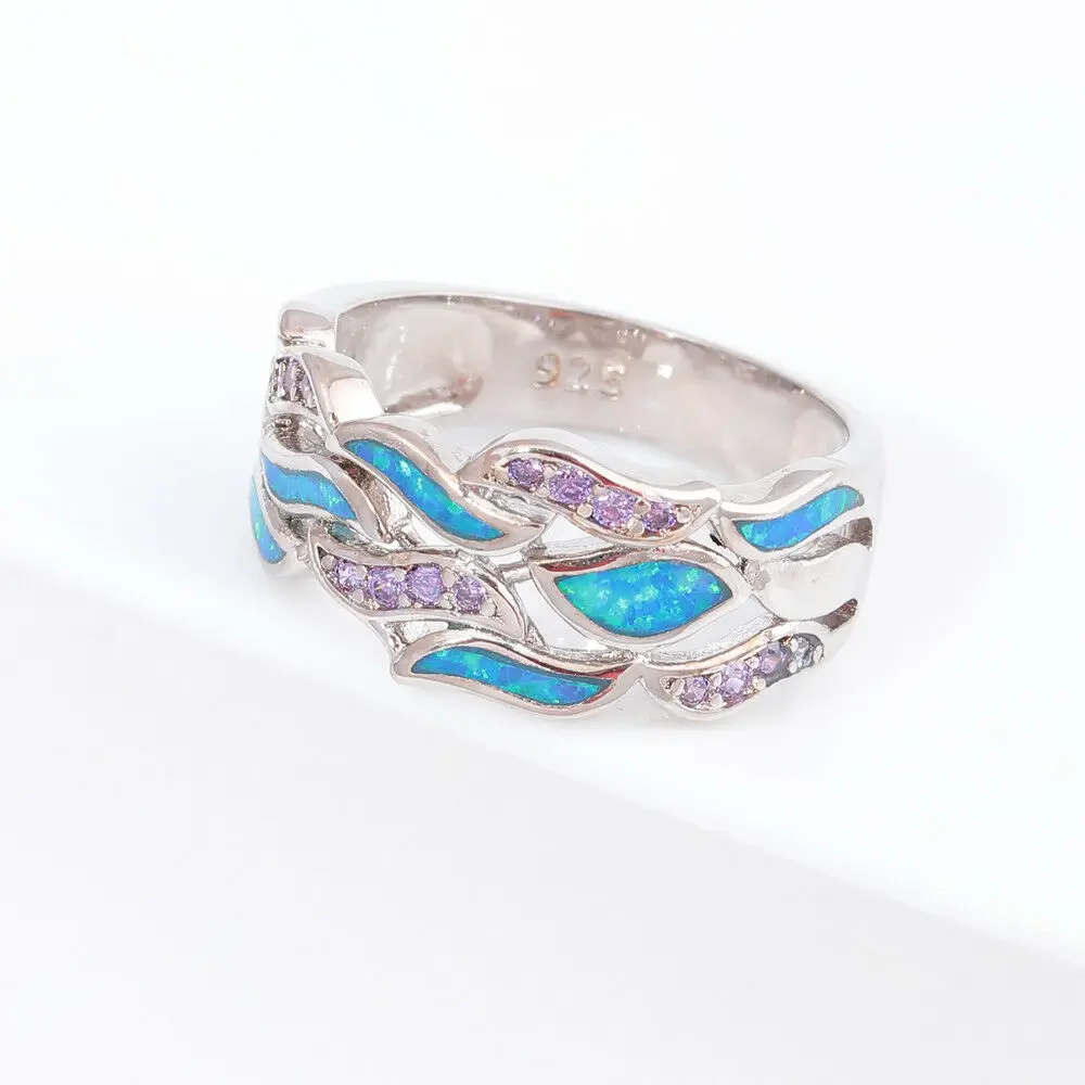 CiNily  Blue Fire Opal Wide Rings With Stone Silver Plated Lilac Ctystal Leafs Fallen Leaves Bohemia BOHO Jewelry Woman Gift