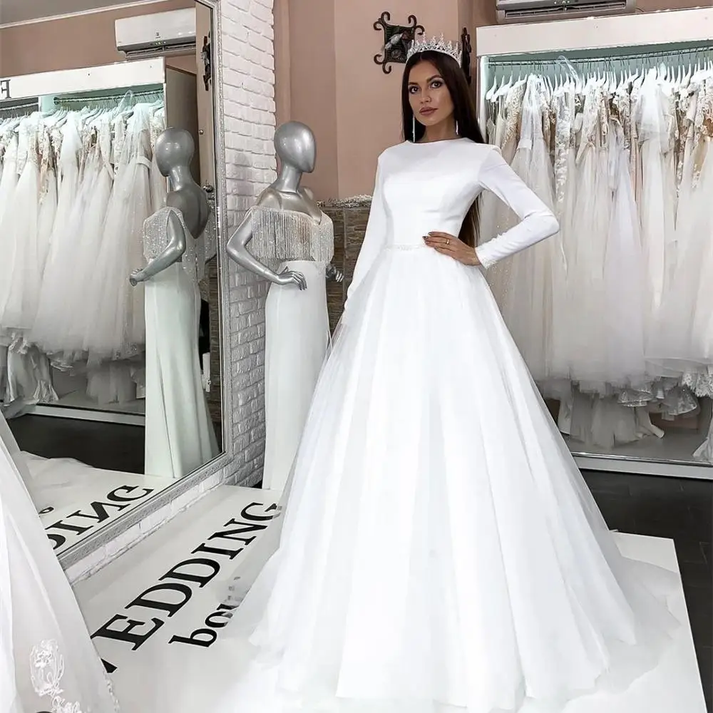 Long Sleeve Wedding Dress Satin Sweep Train O-Neck White 2021 Bridal Gown Elegant For Women Floor Simple White Robe De Mariee