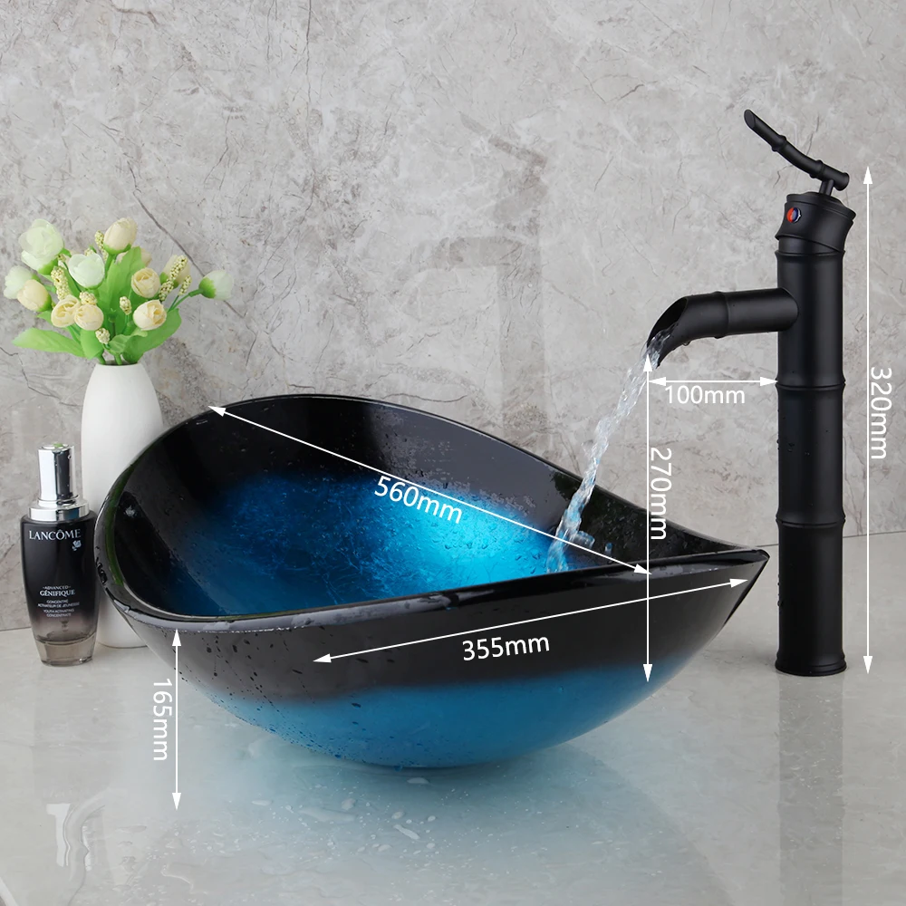 JIENI Blue Tempered Glass Basin Sink Faucet Vessel Drain Combo Set Matte Black Mixer Faucet Counter Top Round Tap Bathroom Basin