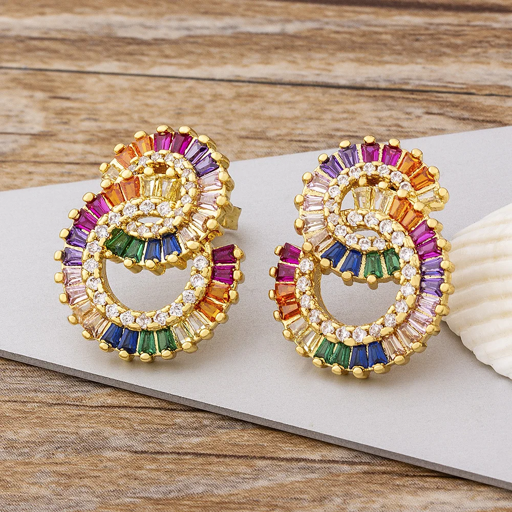 AIBEF Rainbow Cubic Zirconia Circle Stud Earrings Simple Party Round Geometric Fashion Earrings For Women Bohemian Fine Jewelry