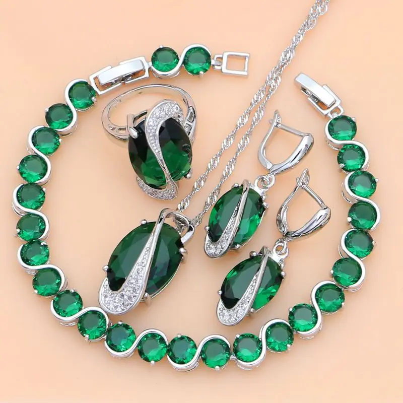 

925 Sterling Silver Jewelry Green Zircon White CZ Jewelry Sets Women Earrings/Pendant/Necklace/Rings/Bracelet T225