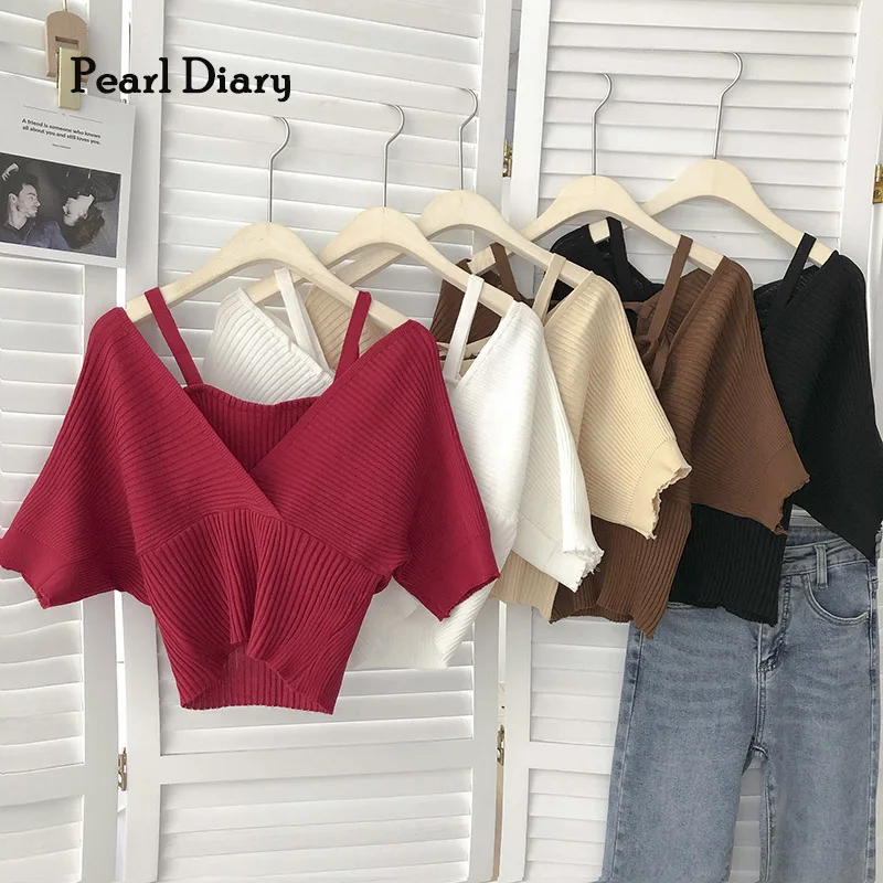 

Pearl Diary Women Fake Two Pieces Knitting Sets Bat Sleeve Solid Color Cropped Blouse Korean Styles Chic Knitted Tops