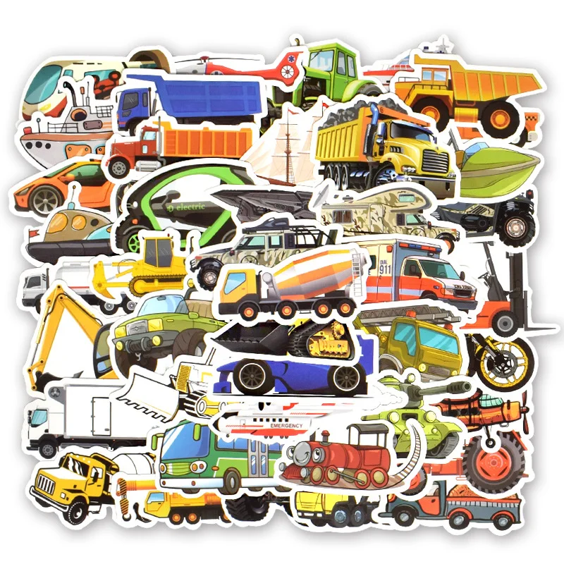 50pcs Engineering Vehicle Car Sticker Cute Bus Truck Motorcycle Stickers for Kids Toy Travel Trolley Suitcase Laptop Skateboard
