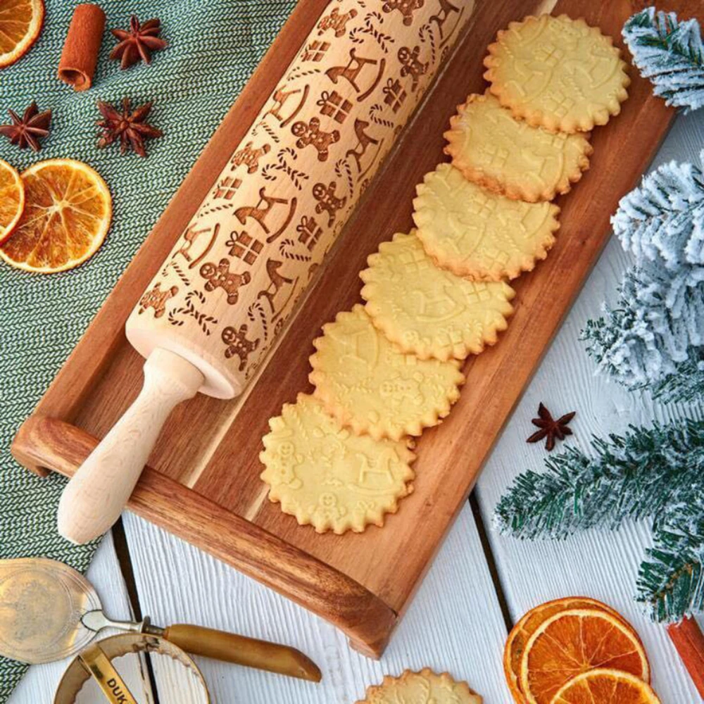 Christmas Rolling Pin With Pattern Snowflake Snowman Wooden Rolling Embossing Baking Cookies Biscuit Fondant Cake Pattern Roller